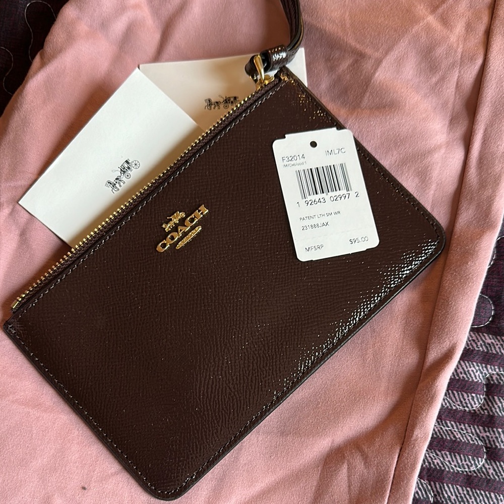 Coach Dark Brown Leather Wristlet with Gold Accents